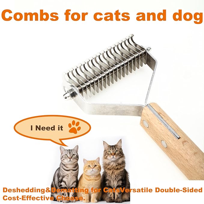 2-in-1Dematting & Deshedding Comb Undercoat Rake for Cats& Dogs，Detangling Matted Fur & Hair Remover Tool Pet Grooming Rake for Shedding and Dematting，Ergonomic beech wood handle (2 in 1)