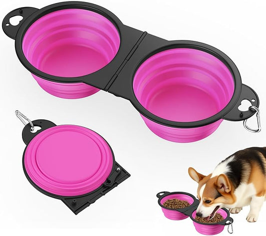 Pawaboo 2-in-1 Collapsible Dog Bowls, Dual Puppy Food and Water Bowls, 180° Flip Over Portable Silicone Dog Bowl with Metal Hook, 450ml Pet Travel Feeder Bowl for Walking Hiking Camping, Pink