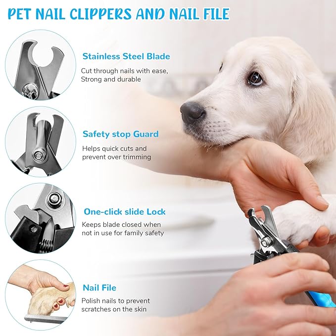 Dog Brush & Grooming Kit – 9-Piece Pet Brush & Deshedding Set for Shedding, Bathing, Trimming & Nail Care | Grooming Tools for Dogs & Cats, Includes Comb, Nail Clipper, Scissors, Slicker Brush (Blue)