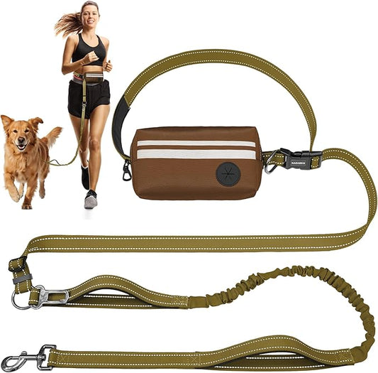 Hands Free Dog Leash with Removable Zipper Pouch, Dual Padded Handles and Durable Bungee for Walking, Jogging and Running-Brown