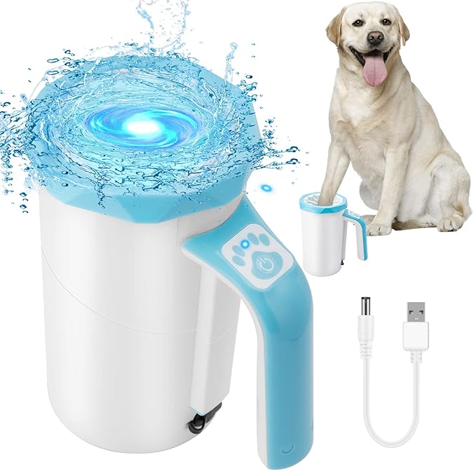 Rechargeable Automatic Dog Paw Cleaner, Dog Paw Washer Cup, 2 in 1 Portable Pet Paw Cleaner with Soft Silicone Brush, 7.4V High Power, Dog Foot Washer Suitable for Big Dog and Cat Grooming (Blue)