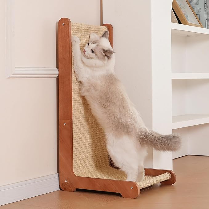 Large Cat Scratching Post for Indoor Cats,26.8'' Solid Wood Frame Natural Sisal L Shape Cat Scratch Pad, Vertical Cat Scratcher,Cat Scratching Board Cat Scratch Post,Perfect Cat Furniture