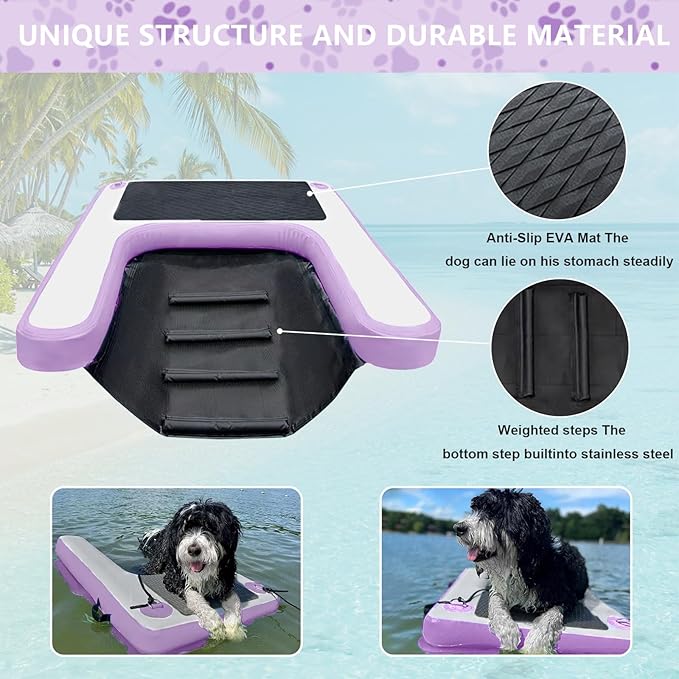 Inflatable Dog Water Ramp, Non-Slip Floating Dock Ladder for Pools, Boats & Lakes, Pool Ramp for Dogs Up to 200 Pounds, Purple