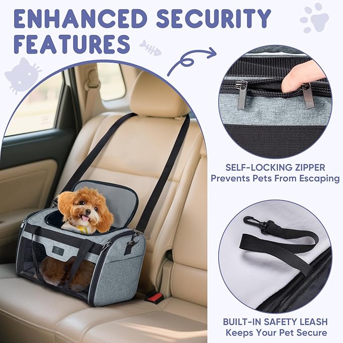 BALEINE Cat Carrier, Puppy Dog Carrier for Small Medium Pets Up to 22 Lbs, Soft-Sided Dog Travel Bag with Safety Zippers, Collapsible Pet Carrying Case (Gray, XL, 19"x12"x12")
