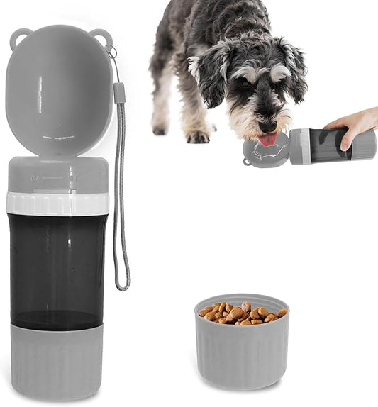 2-in-1 Pet Travel Water Bottle & Food Container - 14 oz Water + 6 oz Food Dispenser, Leak-Proof Portable Dog Water Bottle Bowl for Walking, Hiking, Camping Grey