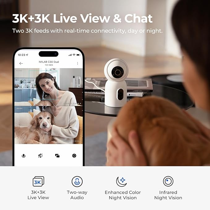 IMILAB C30 Dual Lens Security Camera Indoor, 3K+3K Baby Monitor 360° View Dog Camera w/Phone App, 5G WiFi Room Cam for Bedroom, Cry/Pet/Smoke/Fire Detection, Wall/Room Mount, Plug in, Easy Setup.