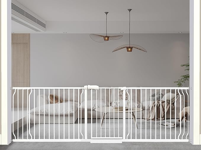 Heavy Duty Baby & Dog Safety Gate 86-104.7 Inch, White Metal, Tension Mounted No Drilling Pet Gate for Large Openings