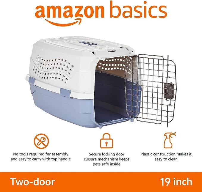 Amazon Basics 2-Door Top-Load Hard-Sided Cat Pet Travel Carrier, 19.0" L x 12.6" W x 10.0" H, Gray & Blue