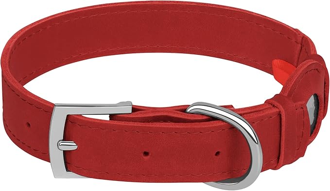 Leather Dog Collar with Airtag Holder - Apple AirTag Dog Collars - Soft Tracking Smart GPS Pet Collar for Small Medium Large Dogs Puppy (Red, XL, 19"-24" Neck Fit)