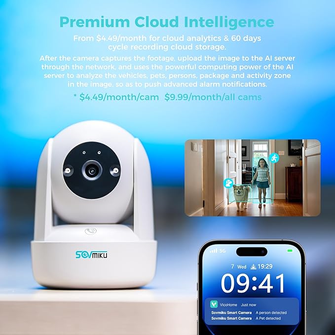 Sovmiku CB2 2k AI Tracking Security Camera for Home,Pet Camera Indoor, Baby Monitor,360° View Pan/Tilt Cam,Two Way Audio,Night Vision,Easy to Setup,Audible Alarm,2.4GHz Wi-Fi, 180 Days Exchange Policy