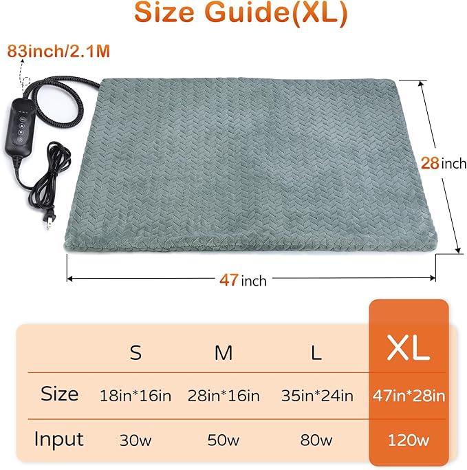 GASUR Heated Dog Bed, Waterproof Electric Dog Cat Heating Pad with Timer, Temperature Adjustable Heated Cat Bed for Winter, Auto Power-Off, Anti-bite Heating Pad for Dogs Cats-47''x28'', XLarge