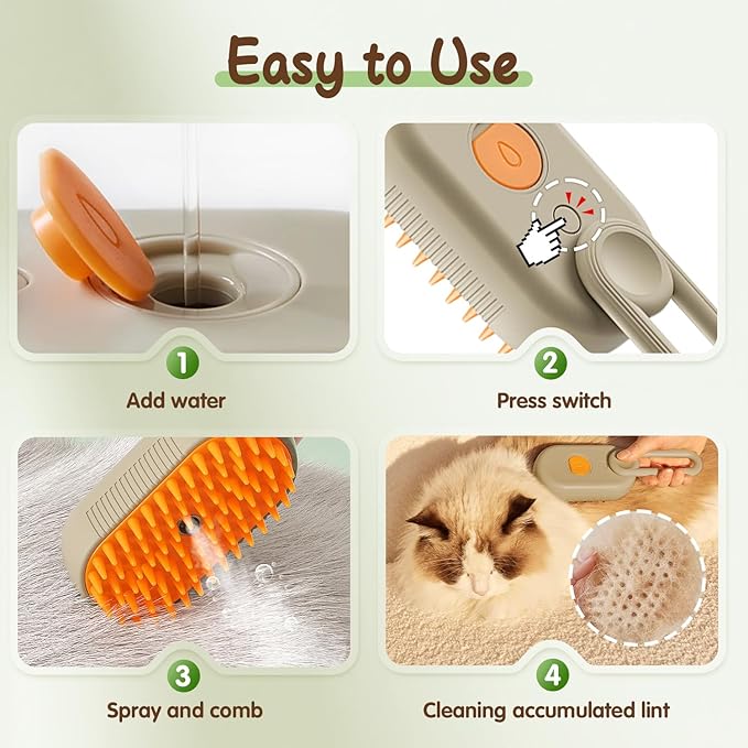 New Cat Steam Brush, 3 in 1 Pet Steam Groomer Brush, Rechargeable Pet Steam Groomer Comb for Massaging and Cleaning Shedding Pets Hair, Multifunctional Hair Removal Comb for Cats Dogs (Khaki+White)