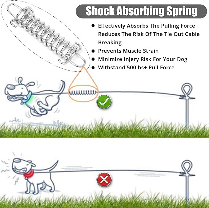 jenico Dog Tie Out Cable, 10/15/20/30/40/50/70/100/150FT Runner Cable with Swivel Hook and Shock Spring, Dog Leash Run Tether for Yard Outdoor and Camping,for Small to Medium Pets Up to 500 LBS
