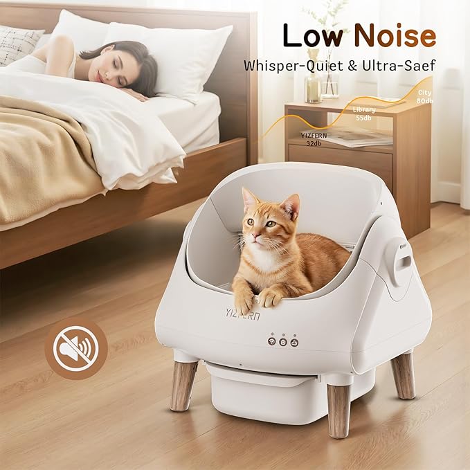 Self Cleaning Litter Box for Multiple Cats, Automatic Cat Litter Box with App Control, Open Top Design, Safety Protection, Ultra-Quiet, Includes Waste Bags, Large Waste Bin, & Brush (Wooden)