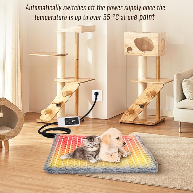 Heeyoo Pet Heating Pad, Adjustable Temperature Dog Cat Heating Pad with Timer, Waterproof Heated Dog Bed with Chew Resistant Cord, Auto Power-Off Indoor Pet Heated Mat for Dogs and Cats