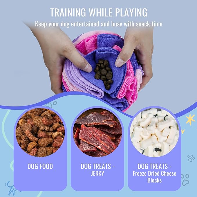 Pet Snuffle Ball, Puzzle Sniffing Interactive Dog Ball for Blind Dogs Training Stress Relief Dog Enrichment Toys Treat Machine Washable (15cm, Pink and Purple)
