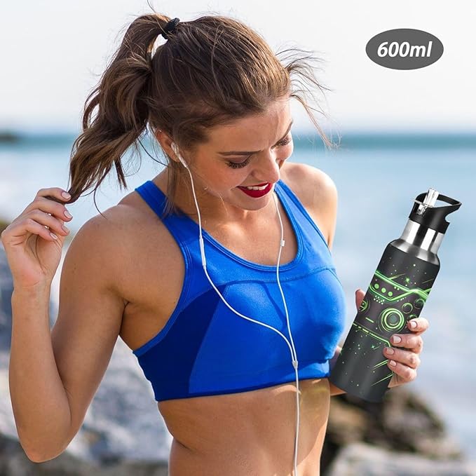 Joystick Gamepad Green Water Bottle with Straw Lid Kids Insulated Stainless Steel Water Flask Sports, 20 Oz Hot Cold