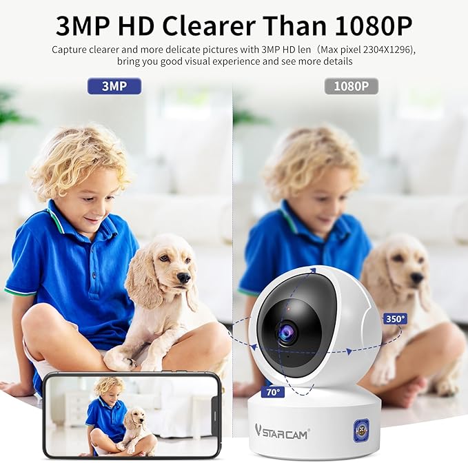 VSTARCAM 3MP Pet Camera Indoor with Phone App, 360° Indoor Security Camera with Color Night Vision, Motion Detection & 2-Way Audio, 24/7 SD & Cloud Storage，2.4GHz WiFi, in Plug 06