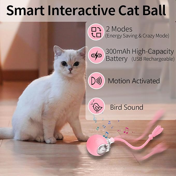 Interactive Cat Toys, Automatic Moving Cat Toys for Bored Indoor Adult Cats, Fast Rolling, Chirping & Motion-Activated Kitty Toys, Fun Gift for Cats with Speedy Tail 2.0, USB Rechargeable,Pink