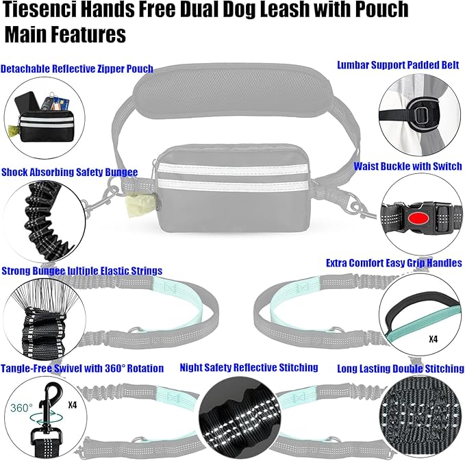 Hands Free Dual Dog Leash with Pouch for Medium & Large Dogs - Crossbody & Waist Leash for Dog Walking - Bungee with Padded Handles, Reflective Stitches, No Pull, Tangle Free