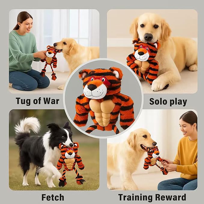 Durable Rope & Plush Dog Toy for Aggressive Chewers – Muscle Tiger Squeaky Tug Toy for Medium & Large Dogs, Interactive Chew & Play