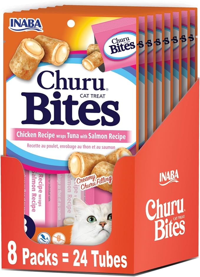 Inaba Churu Bites for Cats, Soft Baked Chicken Churu Filled Cat Treats with Vitamin E, 0.35 Ounces Each Tube, 24 Tubes Total (3 per Pack), Tuna with Salmon Recipe