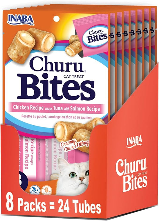 Inaba Churu Bites for Cats, Soft Baked Chicken Churu Filled Cat Treats with Vitamin E, 0.35 Ounces Each Tube, 24 Tubes Total (3 per Pack), Tuna with Salmon Recipe