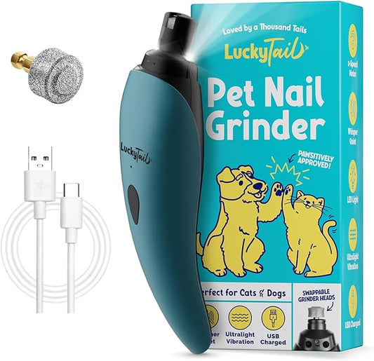 LuckyTail Pet Nail Grinder for Dogs and Cats - Super Quiet and Low Vibration Electric Dog Nail Grinder with 2 LED Lights - USB Rechargeable and Cordless - 2 Speeds - Small to Large Pets - Teal