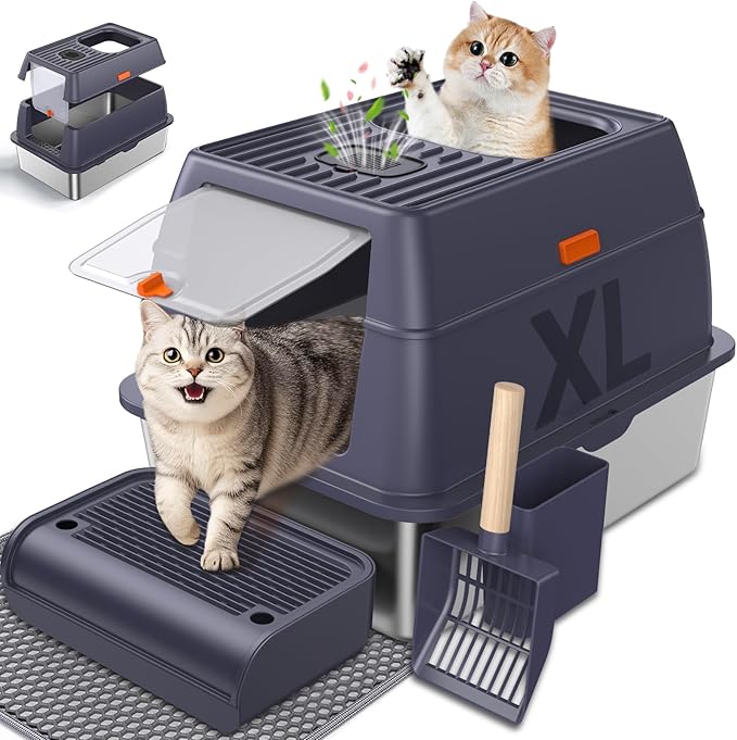 Stainless Steel Litter Box with Lid, Cat Litter Box Enclosure XL Odor-Proof with Litter Mat, Covered Litter Box Rust-Resistant Durable for Big Cat, Easy Clean 37L Capacity (Dark Purple)