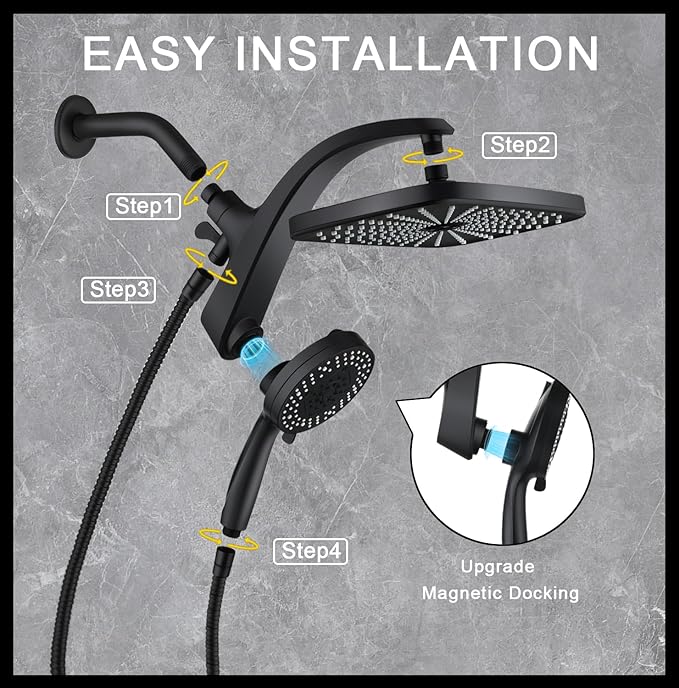 High Pressure Rain Shower Head: Upgrade Shower Heads with Handheld Spray Combo with Fixed Showerhead and 10 Sprays Handheld Shower Head, Detachable Showerheads Built-in Magnetic Docking and Power Jets