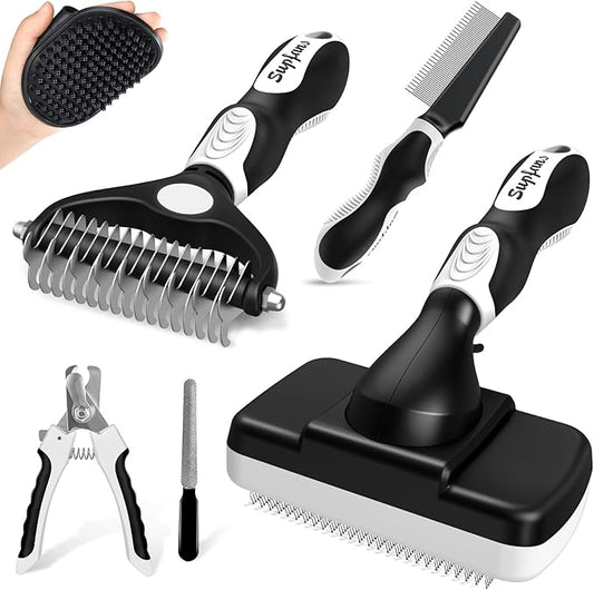 6 in 1 Pet Grooming Kit - Dog&Cat Comb, Deshedding Brush, Nail Clipper with File, Bath Brush - Premium Pet Supplies (Black White)