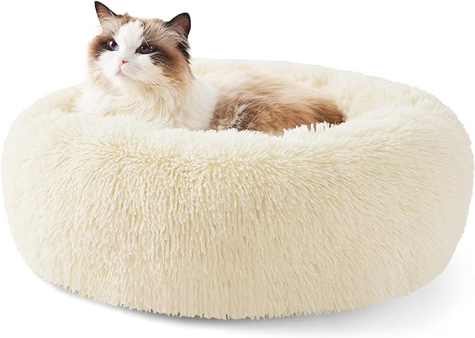 Bedsure Calming Cat Beds for Indoor Cats - Small Cat Bed Washable 20 inches, Anti-Slip Round Fluffy Plush Faux Fur Pet Bed, Fits up to 15 lbs Pets, Cream