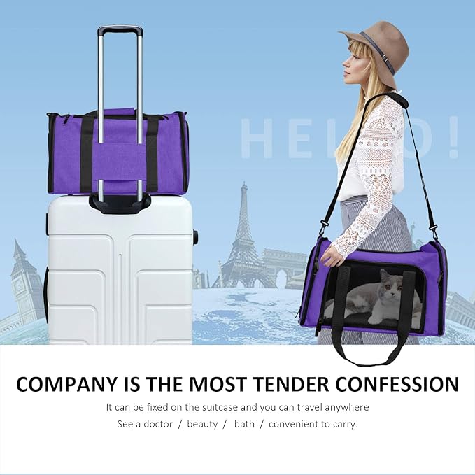 Pet Carrier for Small Medium Cats Dogs Puppies up to 15 Lbs, Airline Approved Small Dog Carrier Soft Sided, Collapsible Travel Puppy Carrier - Purple