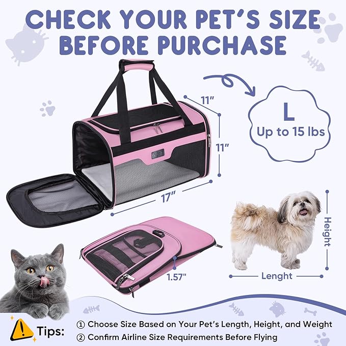BALEINE Cat Carrier, Puppy Dog Carrier for Small Medium Pets Up to 15 Lbs, Soft-Sided Dog Travel Bag with Safety Zippers, Collapsible Pet Carrying Case (Pink, L, 17"x11"x11")