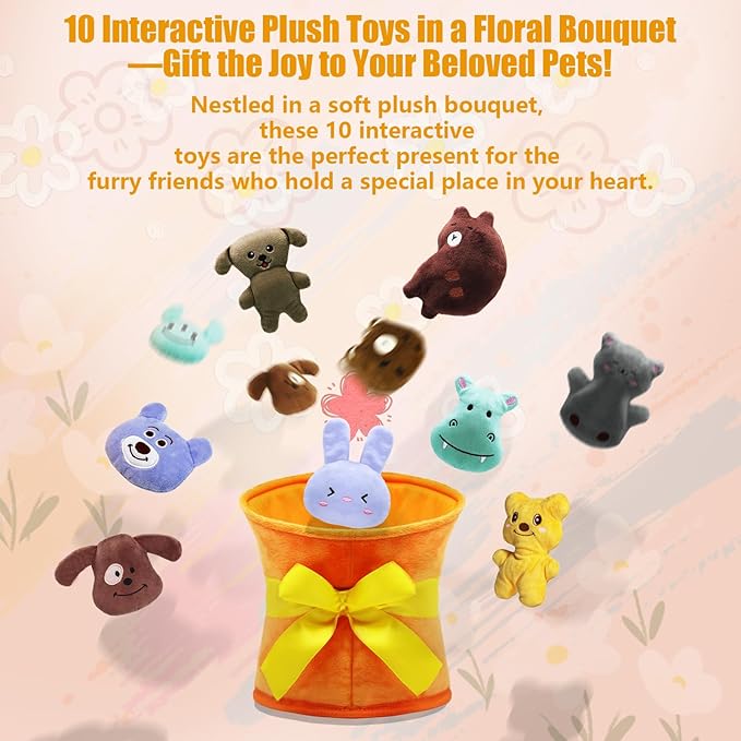 Squeaky Dog Toys, 11 Pcs Interactive Dog Plush Toy Collection in Flower Bouquet Packaging,10 Adorable Animal Plushies for Endless Play & Training