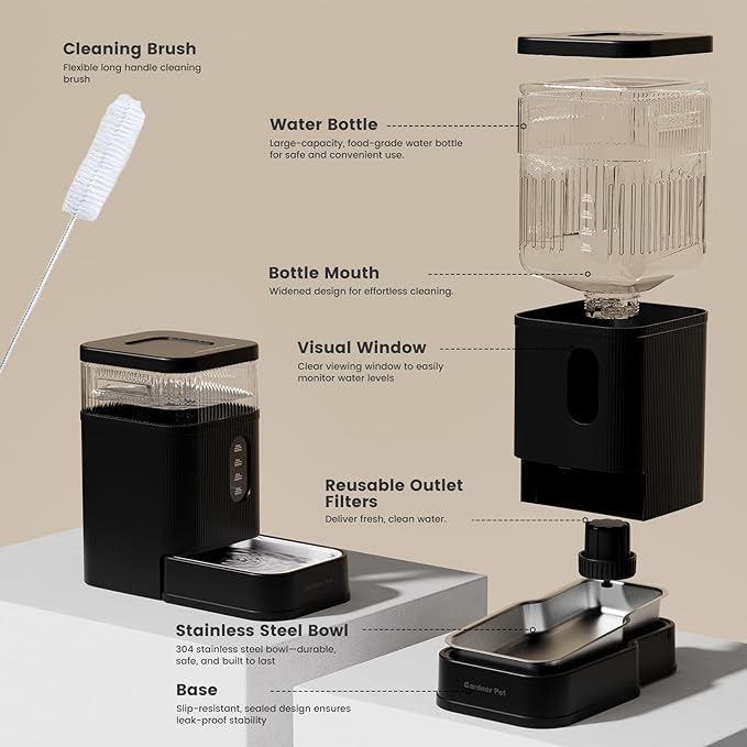 Gardner Pet Automatic Dog Water Dispenser Gravity Waterer with Stainless Steel Bowl Water Dispenser 8.5L Large Capacity Water Feeder for Dogs Cats Pets, BPA-Free Noise-Free (Black, 8.5L)