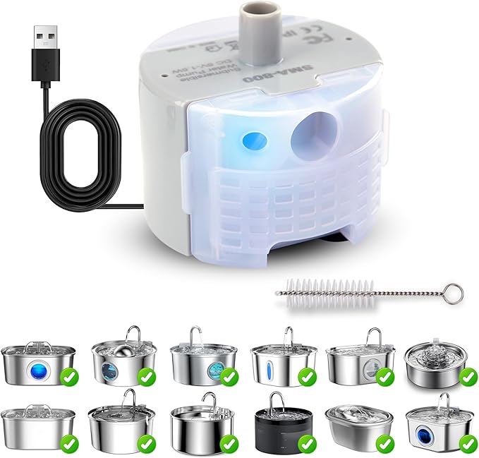 Cat Water Fountain Pump,Cat Fountain Pump Replacement Pumps SMA-800 Submersible Motor for Pet Water Fountain and Stainless Steel Cat Water Dispenser(Bottom pumping With Brush)