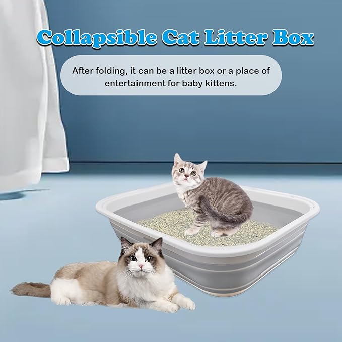 Collapsible Cat Litter Box,Open Potty Pan Cat Toilet Foldable Portable Cats Litter Box Travel Litter with Scoop,Waterproof Low Entrance for Kitten and Cat Toilet Easy Clean 17.7"×13.4"x4.9"(Grey)
