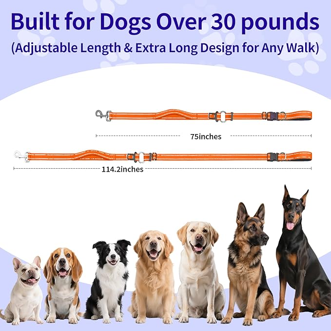 Hands-Free Dog Leash with Adjustable Length 6-9FT + Dual Padded Handles Reflective Safety for Walking, Jogging & Training | Suitable for Medium to Large Dogs & Puppies Orange-L
