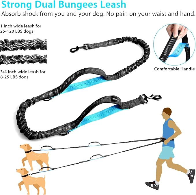 Hands Free Dog Running Leash with Adjustable Waist Belt, Dual Handle Elastic Bungees Retractable Rope for Small and Medium Dogs, Reflective Stitches for Walking Hiking Biking (Medium, 8-25lb)