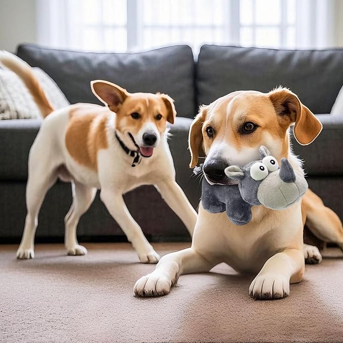 VWPYCHI Tough Dog Toy, Stuffed Chew Large Dog Toys to Keep Them Busy, Interactive Squeaky Tug of War Doggie Toy, Crinkle Grey Good Size Rhino Best Gift Christmas
