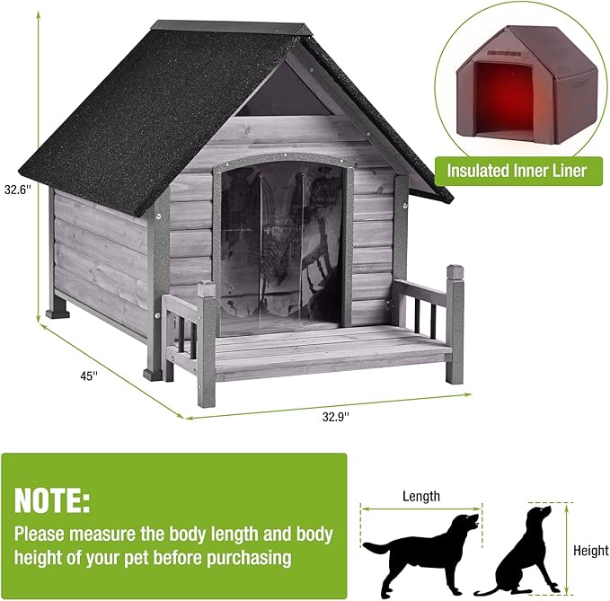 GUTINNEEN Outdoor Dog House Insulated Weatherproof Dog Kennel with Anti-Bite Metal Frame, Puppy Shelter with Insulated Liner and Porch for Small, Medium Large Dogs (Grey, 45’’ Medium)