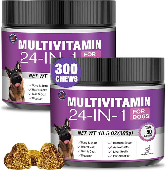 24-in-1 Dog Vitamins and Supplements 300 Ct Dogs Multivitamin Chewable Contain Chondroitin Probiotics Omega-3 Glucosamine for Dogs Skin Coat Heart Joint Gut Digestion Liver Brain Eyes Immune Support