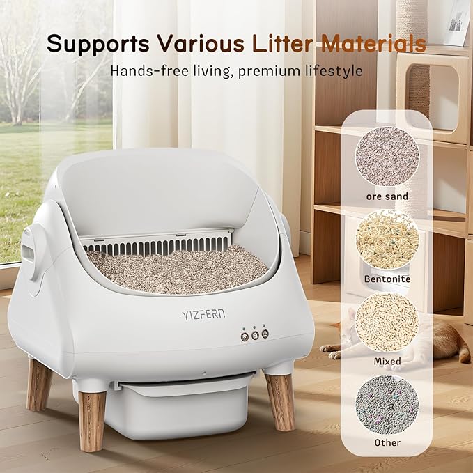 Self Cleaning Litter Box for Multiple Cats, Automatic Cat Litter Box with App Control, Open Top Design, Safety Protection, Ultra-Quiet, Includes Waste Bags, Large Waste Bin, & Brush (Wooden)