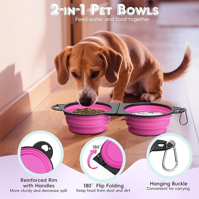 Pawaboo 2-in-1 Collapsible Dog Bowls, Dual Puppy Food and Water Bowls, 180° Flip Over Portable Silicone Dog Bowl with Metal Hook, 450ml Pet Travel Feeder Bowl for Walking Hiking Camping, Pink