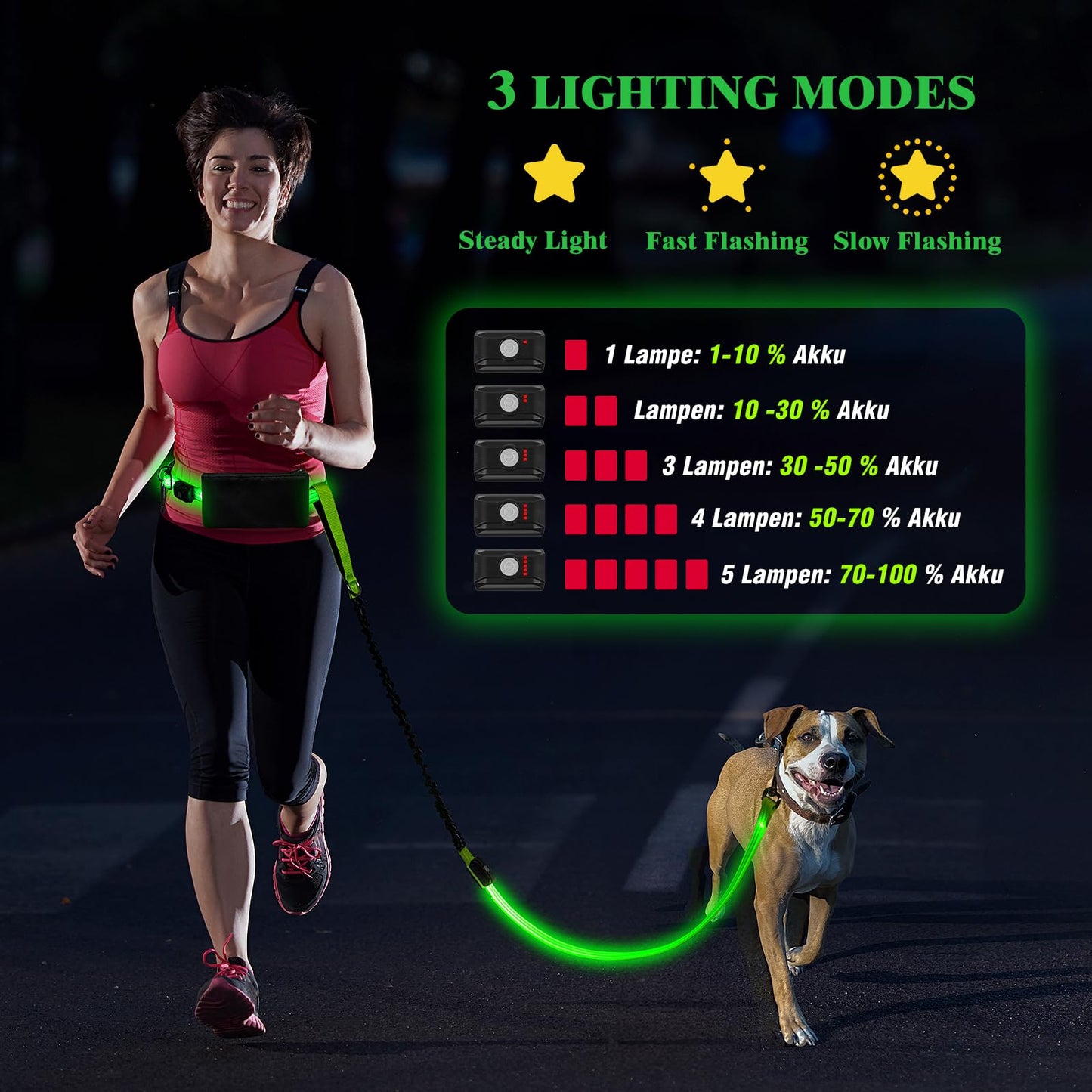 LED Hands Free Dog Leash, Waist Leash for Dog Walking, Retractable Bungee Light Up Dog Leash, LED Handless Dog Running Leash, Reflective Running Leash for Jogging Training Hiking (Green)