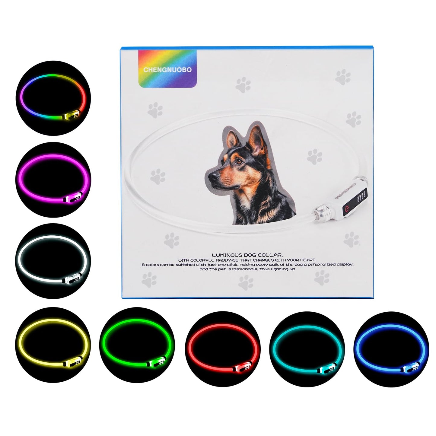 Multi-Color LED Dog Collar Rechargeable - Adjustable Glowing Collar for Most Dogs, Waterproof Reflective & Long-Lasting 200mAh Battery by Chengnuobo