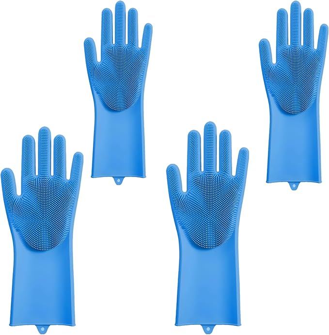 2 pairs Silicone Dishwashing & Pet Grooming Gloves - 2-in-1 Heat Resistant Gloves with High-Density Teeth, Enhanced Five Finger Design for Bathing, Cleaning Dishes, Cars, Dogs & Cats (Blue)