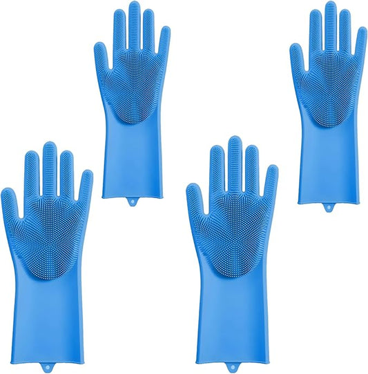 2 pairs Silicone Dishwashing & Pet Grooming Gloves - 2-in-1 Heat Resistant Gloves with High-Density Teeth, Enhanced Five Finger Design for Bathing, Cleaning Dishes, Cars, Dogs & Cats (Blue)