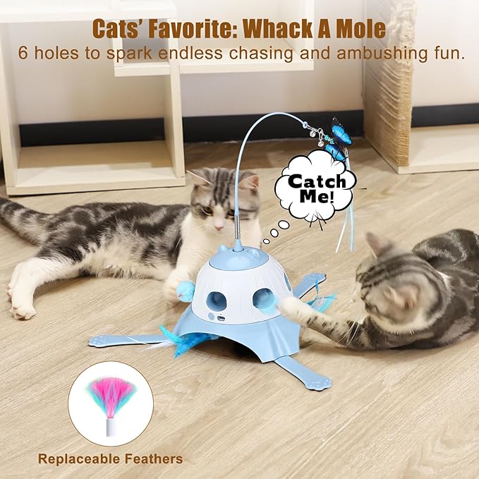 3-in-1 Automatic Cat Toys for Indoor Cats, Fluttering Butterfly, Whack a Mole, Rotating Feather Wand, USB Rechargeable Interactive Feather Toys for Multi-cat Family (Blue)